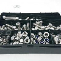 225 piece allen socket cap head bolt, nut ans washer kit on a white background showing contents from in front